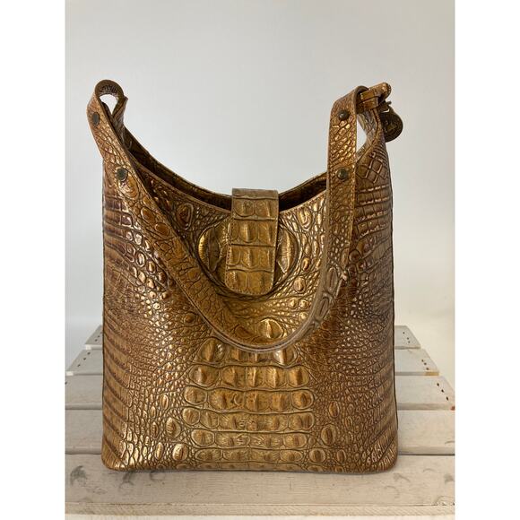 BRAHMIN BROWN AND GOLD SHIMMER CROCK LEATHER SHOULER BAG - Picture 2 of 16